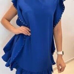 Glam Dress Womens Size M Royal Blue Studded Ruffle Trim Shift Mini